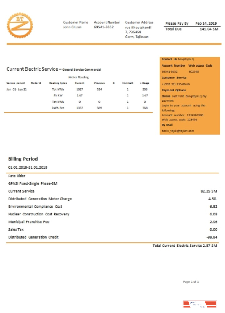 Tajikistan Barqi Tojik Company electricity utility bill template in Word and PDF format